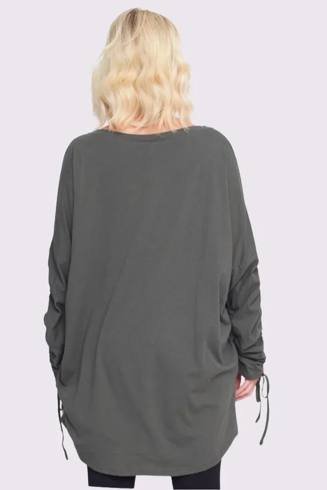 Foil Star Pattern Ruched Sleeve DipHem Oversized Cotton Top