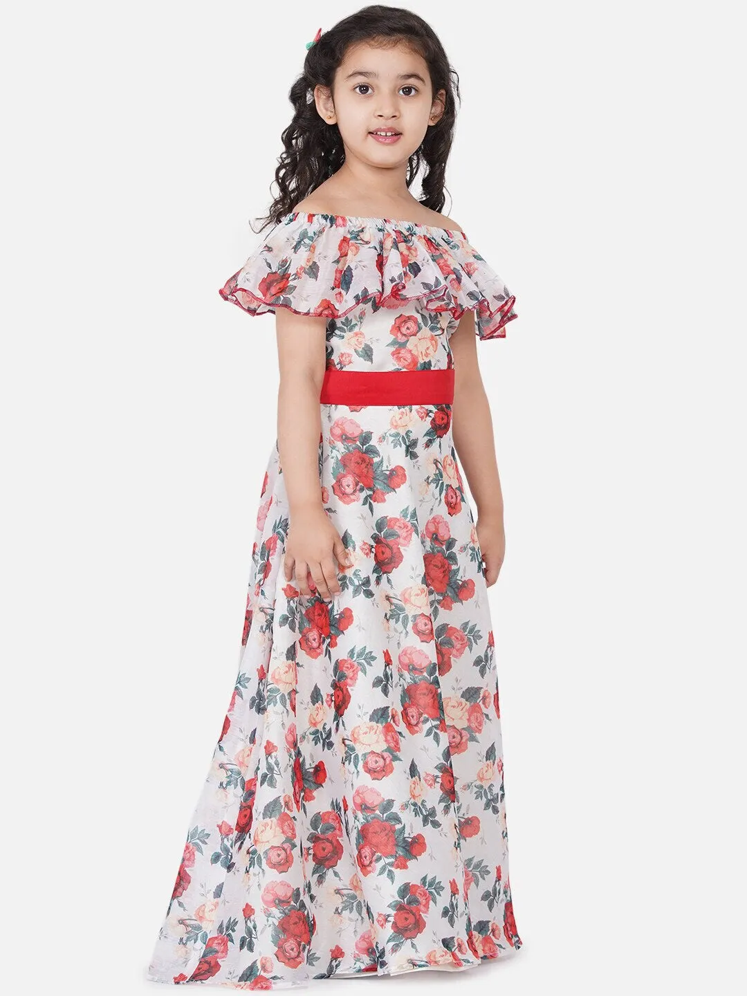 Girls Off White Floral Off-Shoulder Maxi Dress