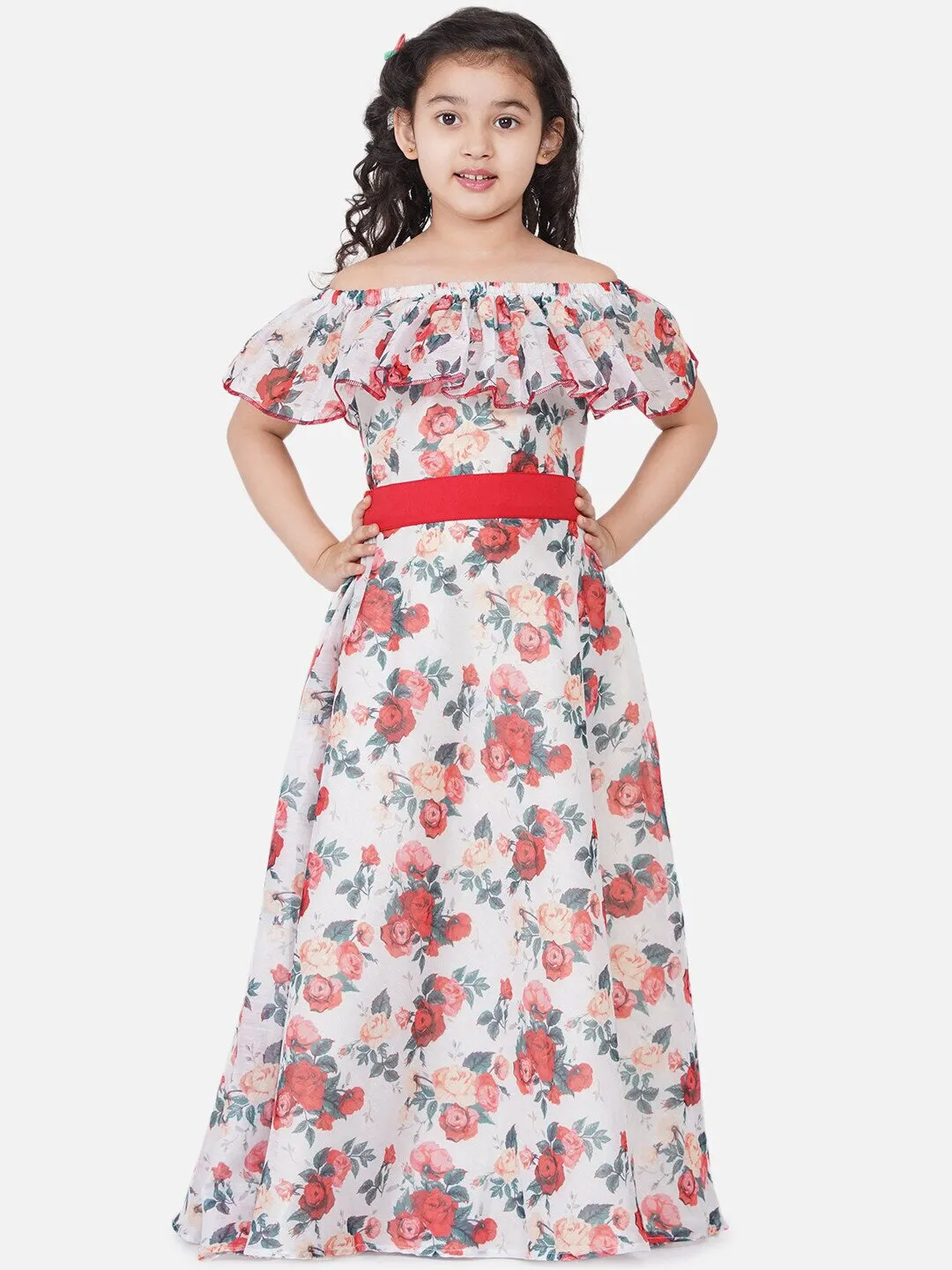 Girls Off White Floral Off-Shoulder Maxi Dress