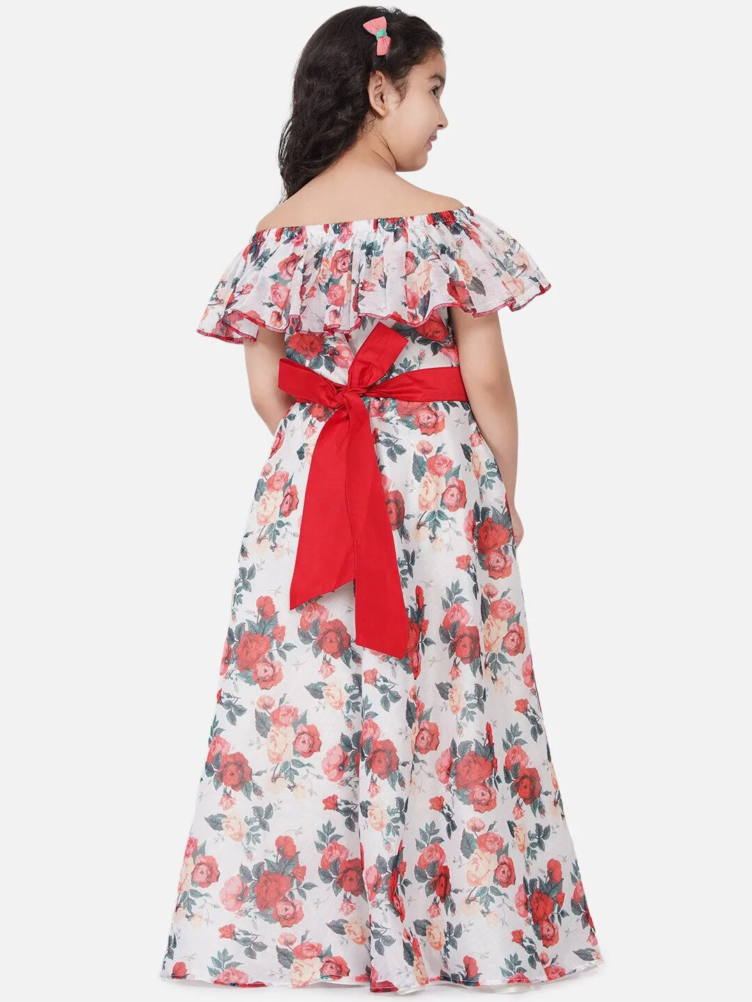 Girls Off White Floral Off-Shoulder Maxi Dress