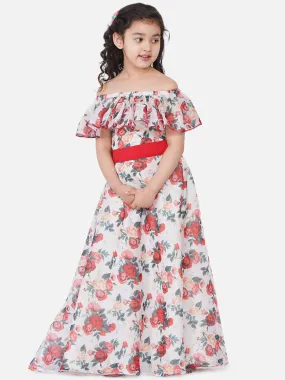 Girls Off White Floral Off-Shoulder Maxi Dress