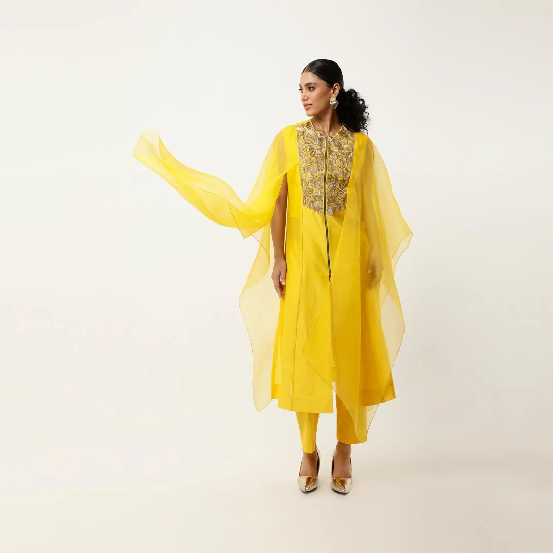 GOLD EMB YOKE CAPE KURTA WITH PANTS