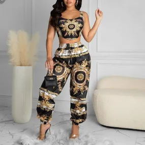 Graduation Gifts  2022 Summer Women Black Clubwear Two Piece Suit Sets Sleeveless Scarf Print Crop Top & High Waist Casual Long Pants Set