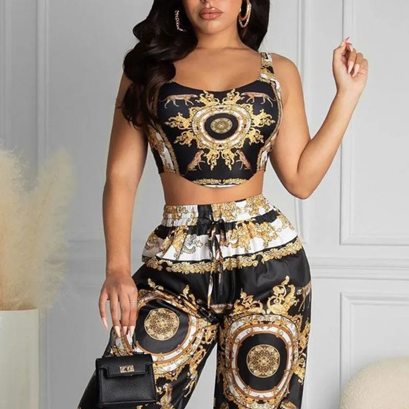 Graduation Gifts  2022 Summer Women Black Clubwear Two Piece Suit Sets Sleeveless Scarf Print Crop Top & High Waist Casual Long Pants Set