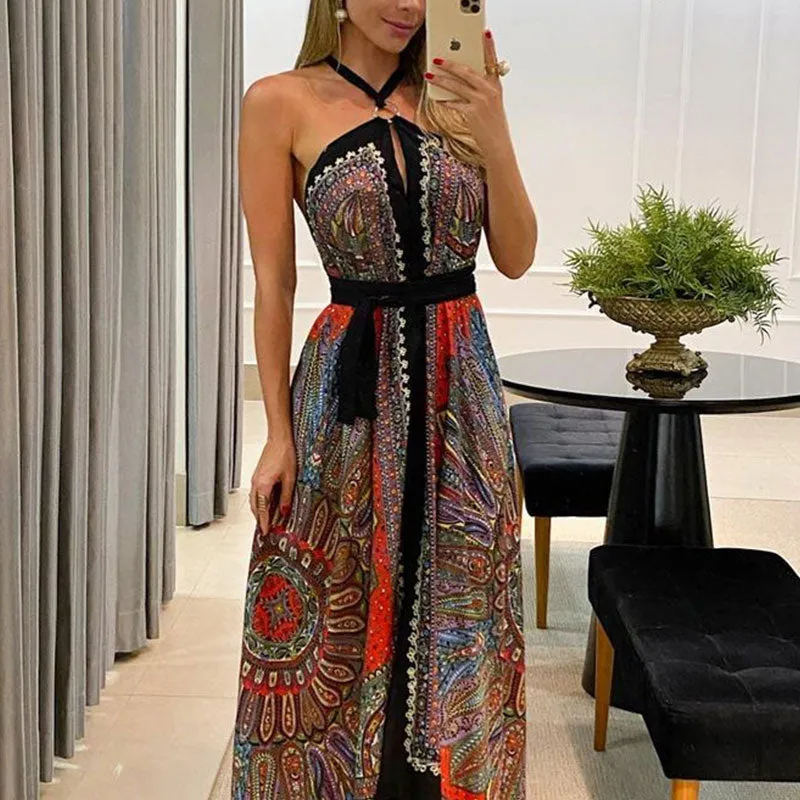 Graduation Gifts  2022 Summer Women Brach Wear Bohemian Sleeveless Open Back Long Dresses Halter Scarf Print High Slit Maxi Dress For Holiday