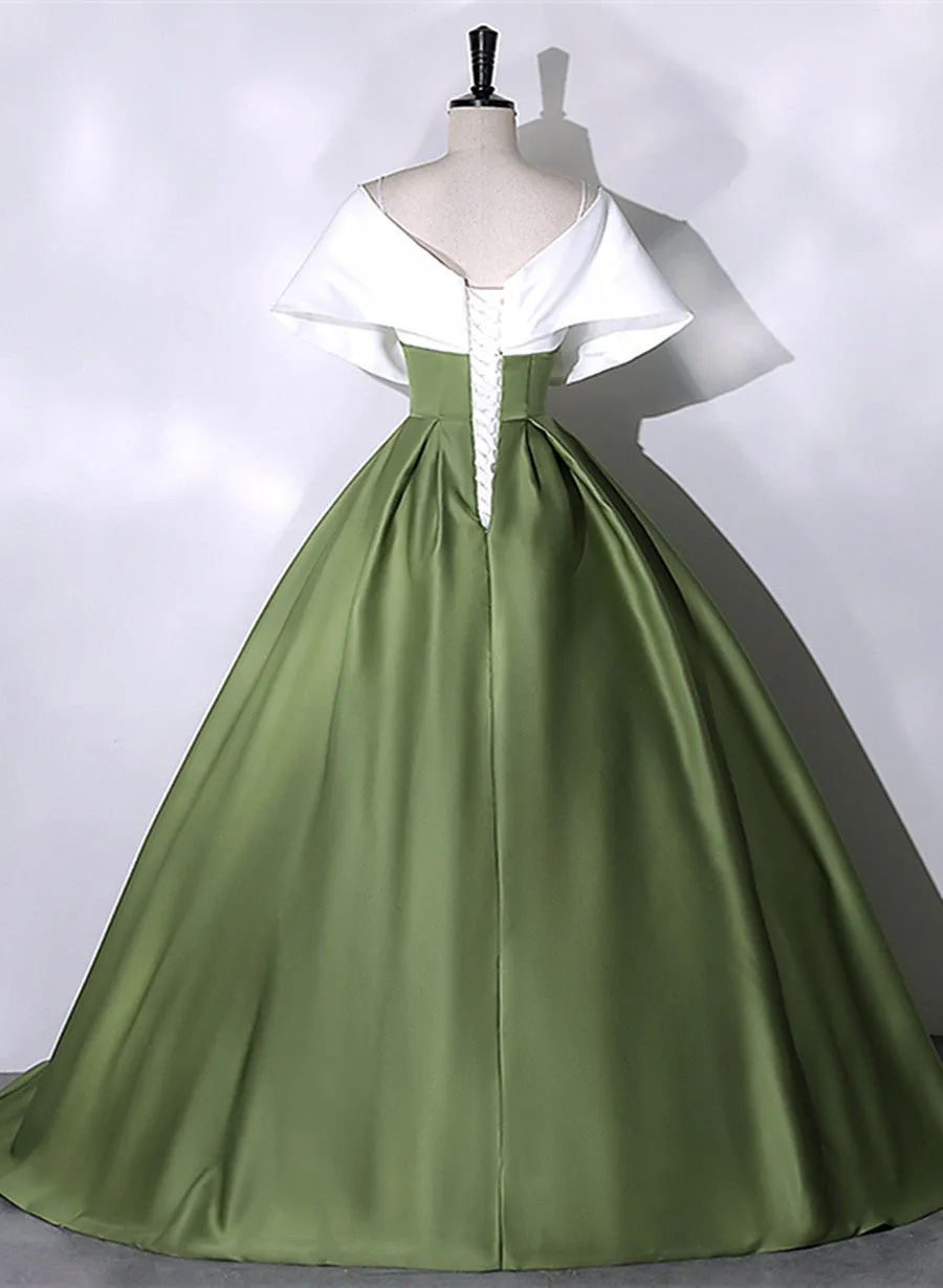 Green and White Satin Long Party Dress, Ball Gown Long Formal Dress