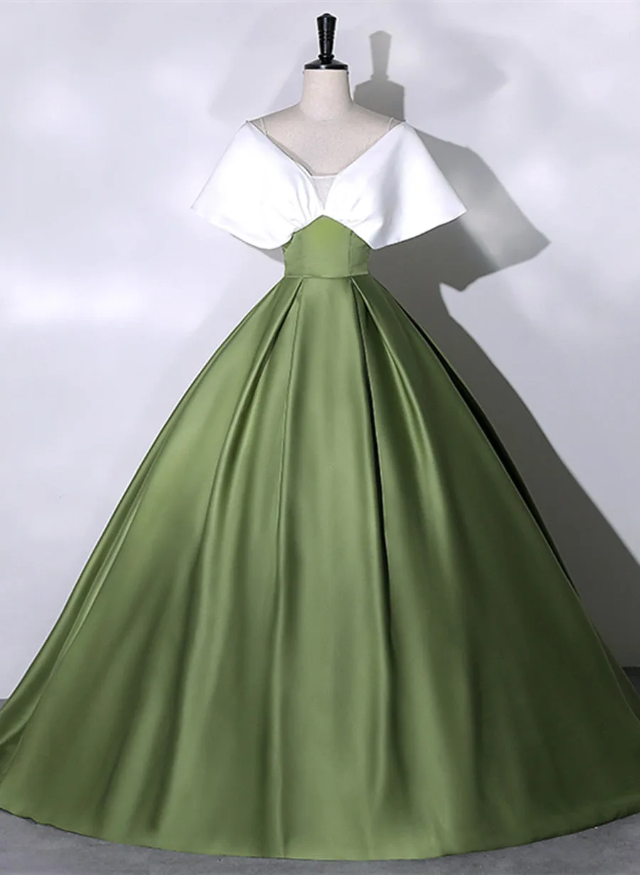 Green and White Satin Long Party Dress, Ball Gown Long Formal Dress