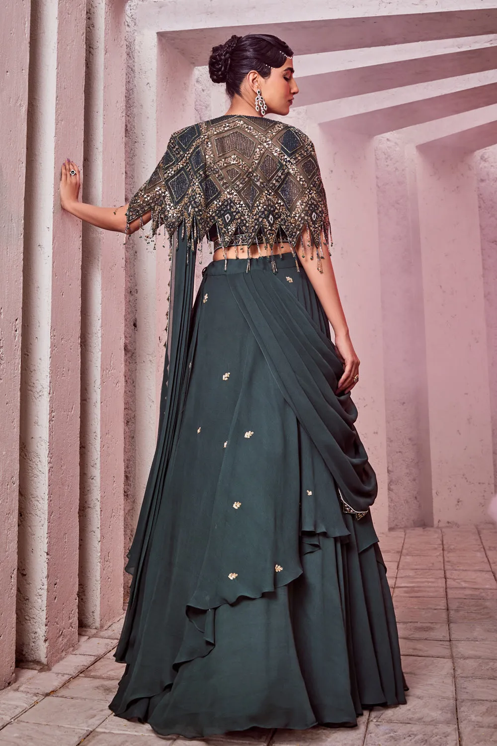 Green Draped Lehenga with Cape