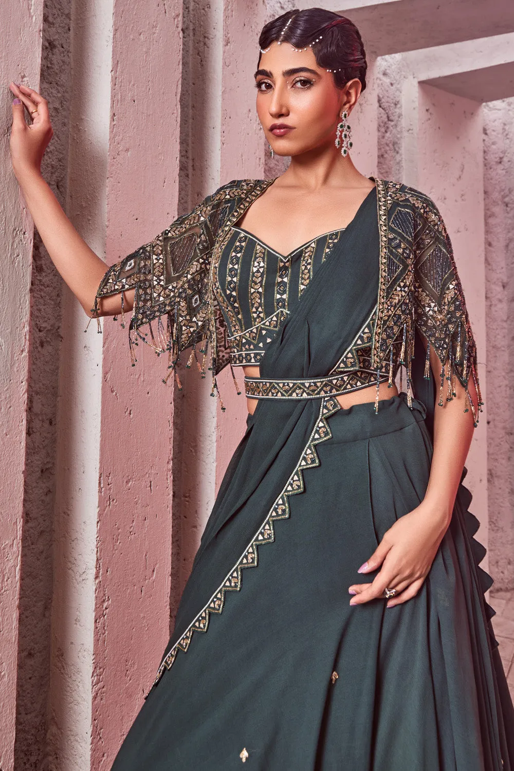 Green Draped Lehenga with Cape