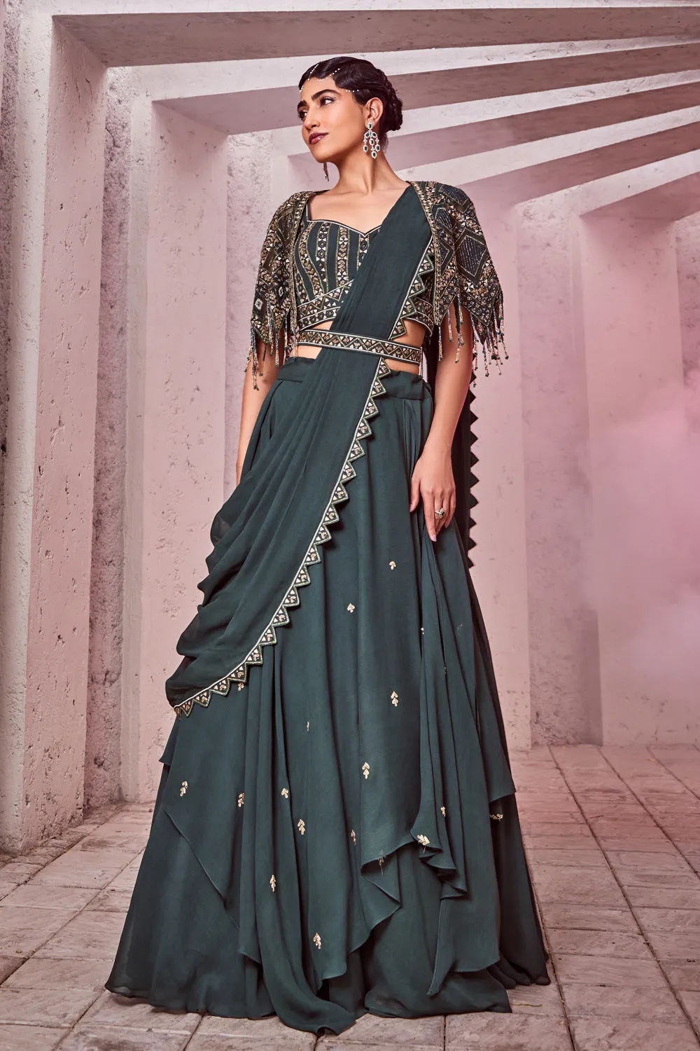 Green Draped Lehenga with Cape