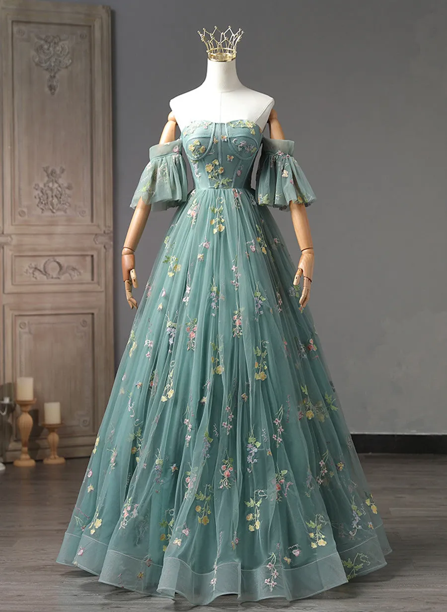 Green Floral Tulle Off Shoulder Party Dress, Elegant Long Sweet 16 Dress