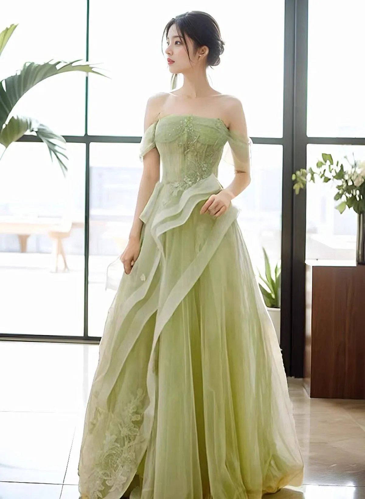 Green Off Shoulder Tulle with Lace A-line Prom Dress, Green Long Party Dress