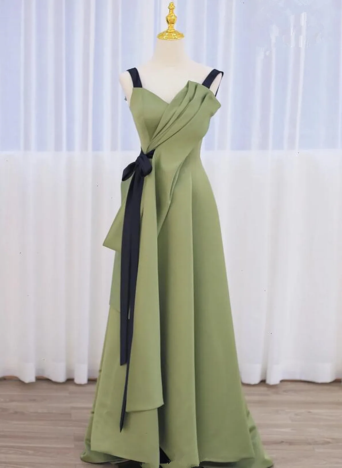 Green Satin Straps Long Party Dress, Green Satin Formal Dress Evening Dress