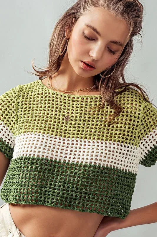 Green STRIPE CROCHET SWEATER CROP TOP