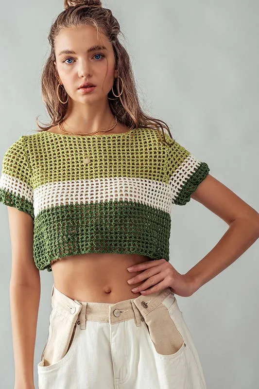 Green STRIPE CROCHET SWEATER CROP TOP