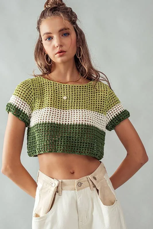 Green STRIPE CROCHET SWEATER CROP TOP