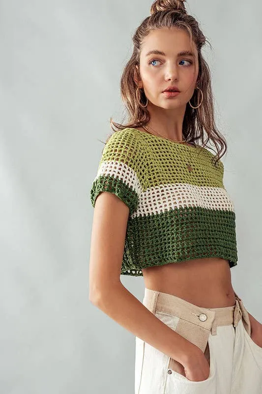 Green STRIPE CROCHET SWEATER CROP TOP