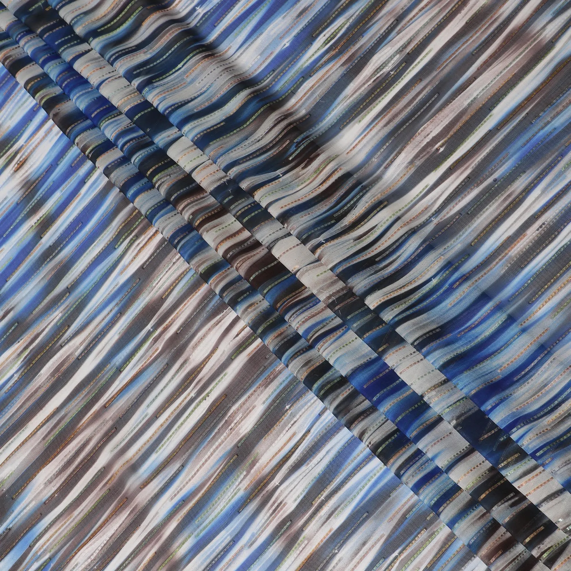 Grey premium pure silk chiffon fabric with blue print having gold and silver metallic lurex in stripe design-D13978