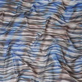 Grey premium pure silk chiffon fabric with blue print having gold and silver metallic lurex in stripe design-D13978