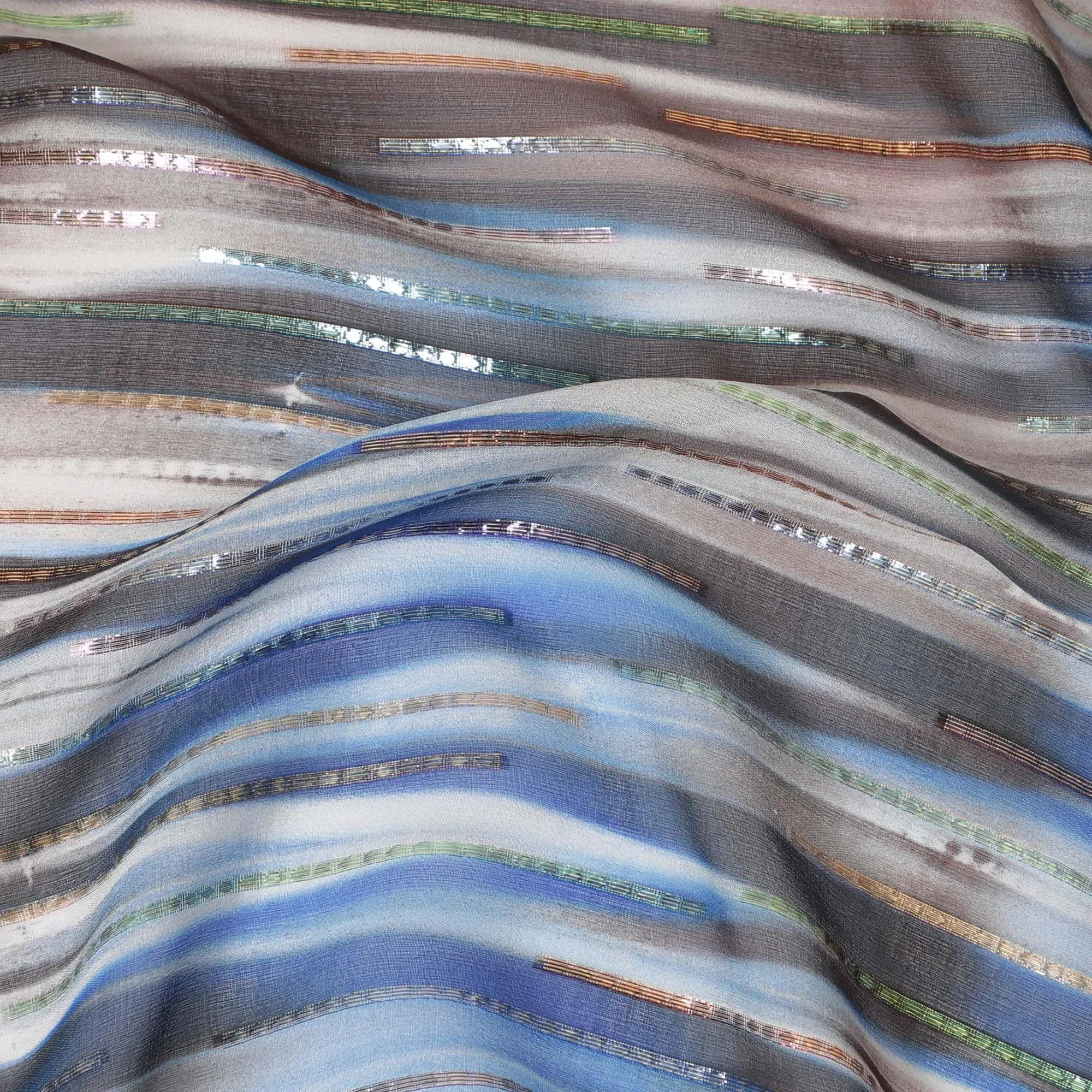 Grey premium pure silk chiffon fabric with blue print having gold and silver metallic lurex in stripe design-D13978