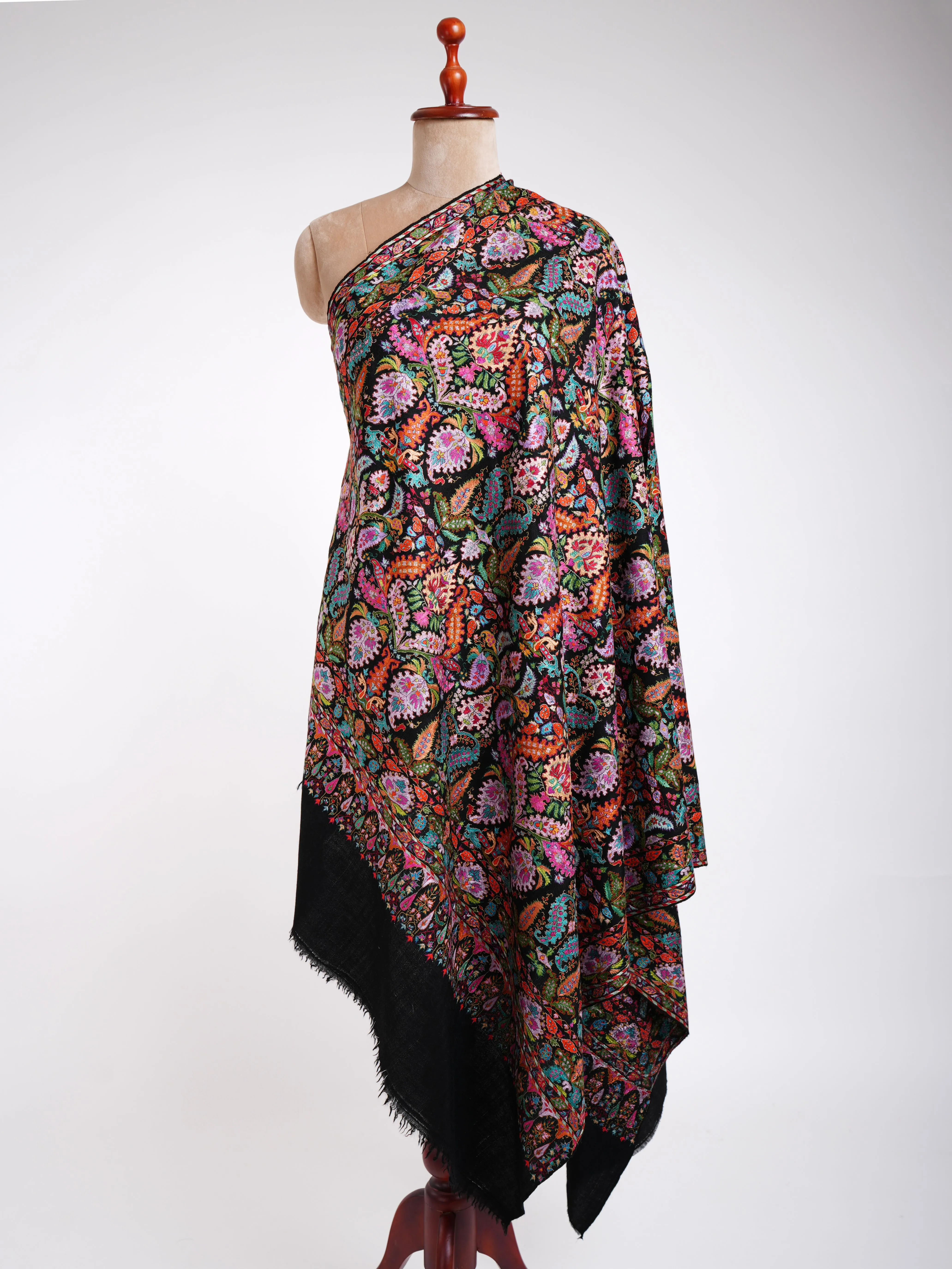 Hand Embroidery Jamavar Black Pashmina Shawl