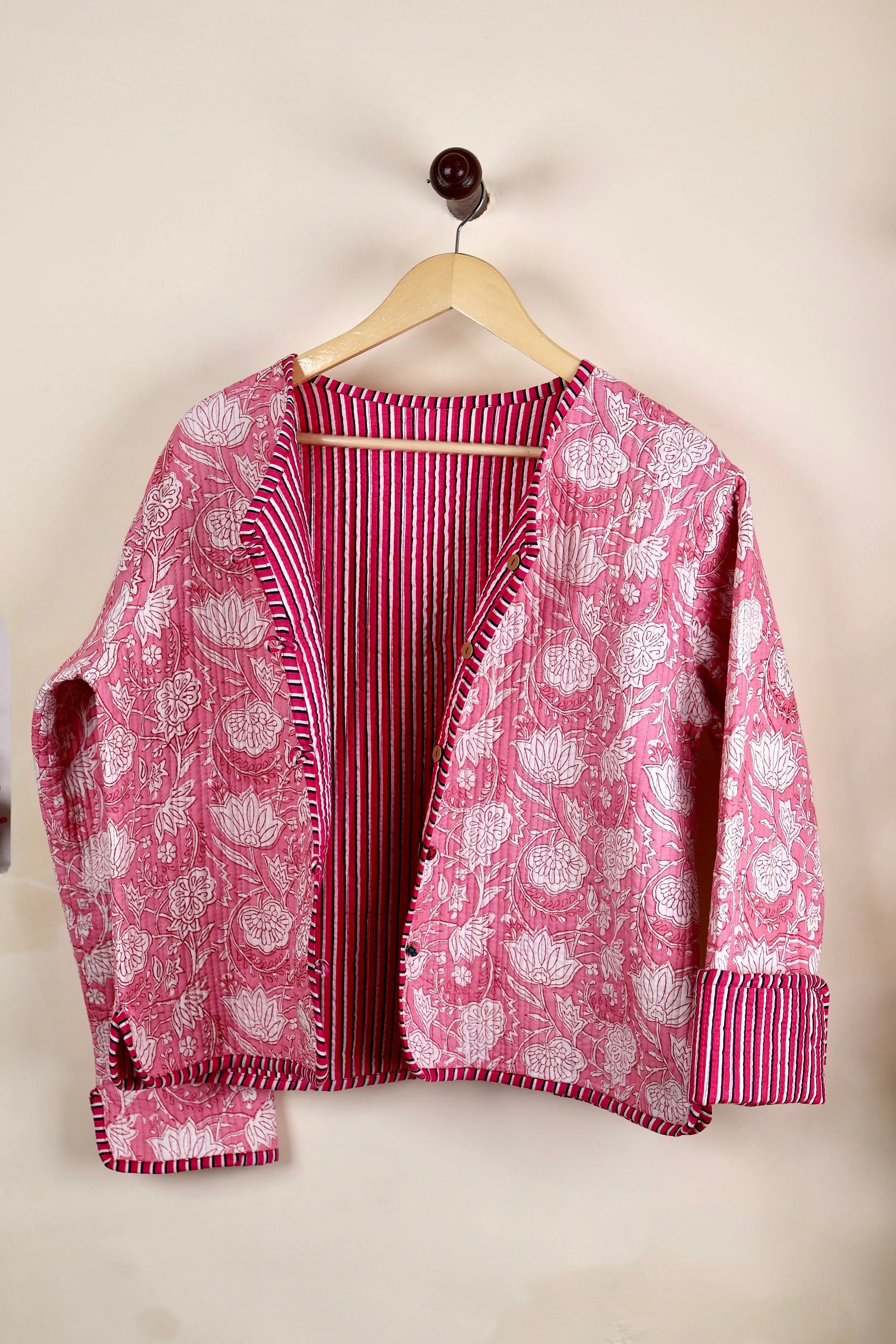 HandBlock Printed Quilted Cotton Jackets | Pink & White Floral Women's Coat | Reversible Bohemian Style Indian Handmade Quilted Jackets