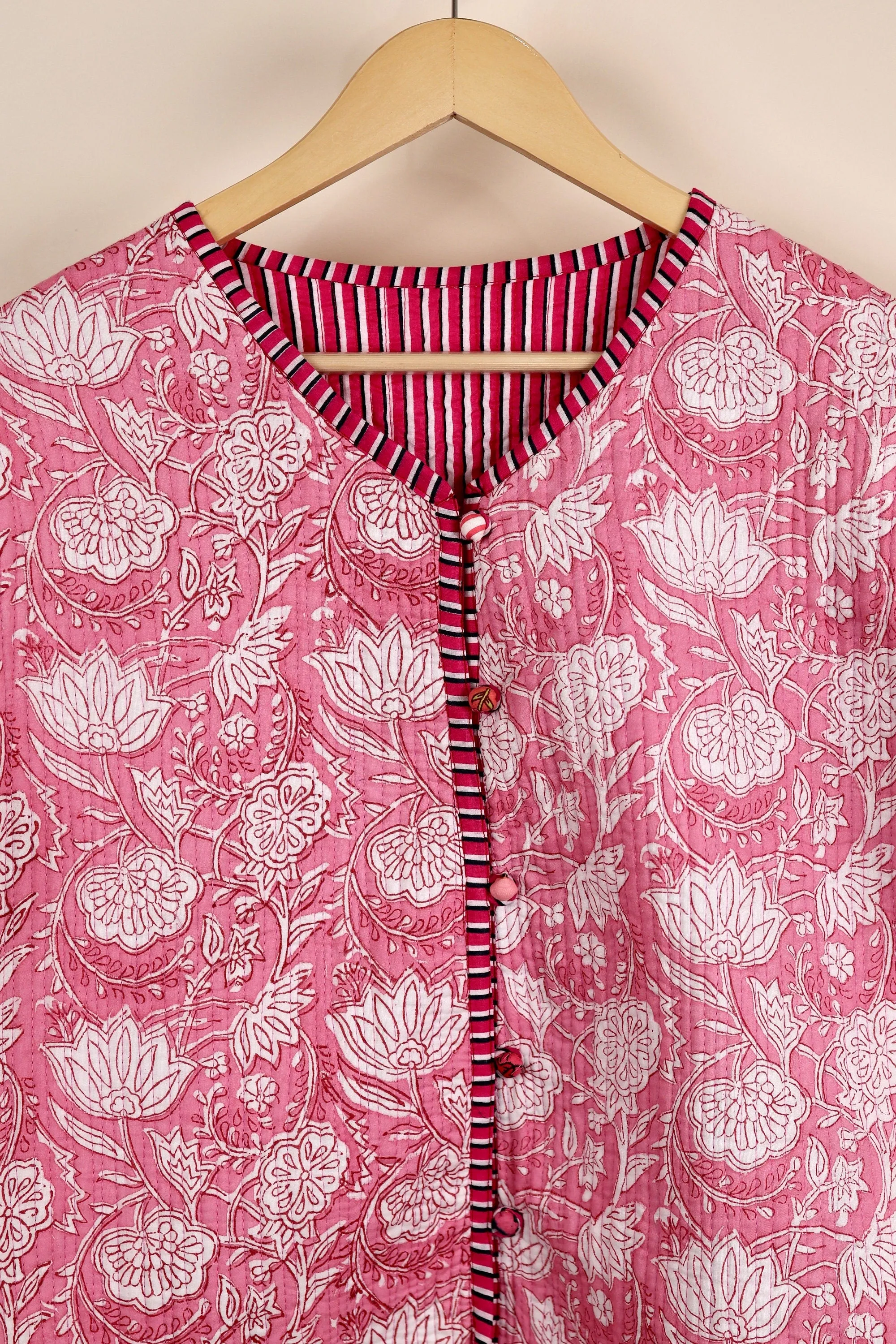 HandBlock Printed Quilted Cotton Jackets | Pink & White Floral Women's Coat | Reversible Bohemian Style Indian Handmade Quilted Jackets