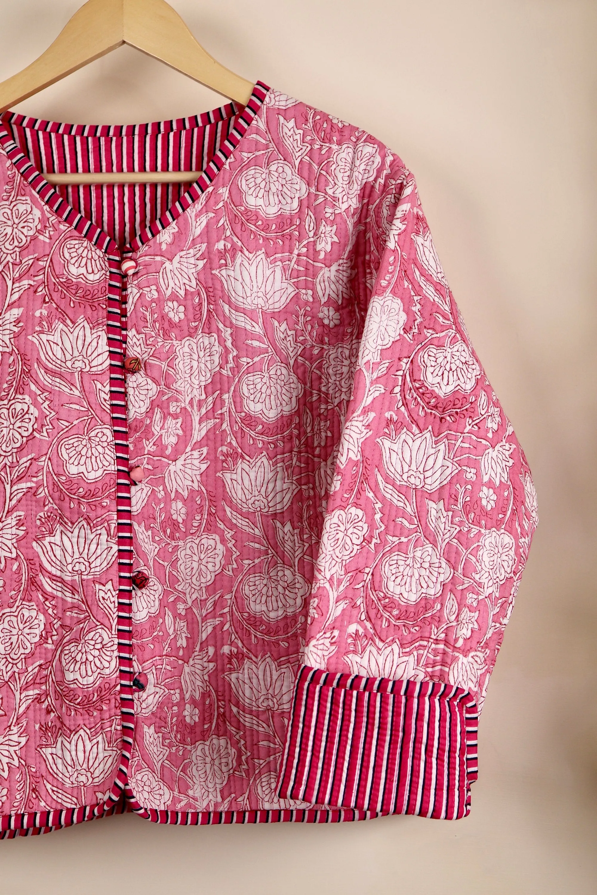 HandBlock Printed Quilted Cotton Jackets | Pink & White Floral Women's Coat | Reversible Bohemian Style Indian Handmade Quilted Jackets