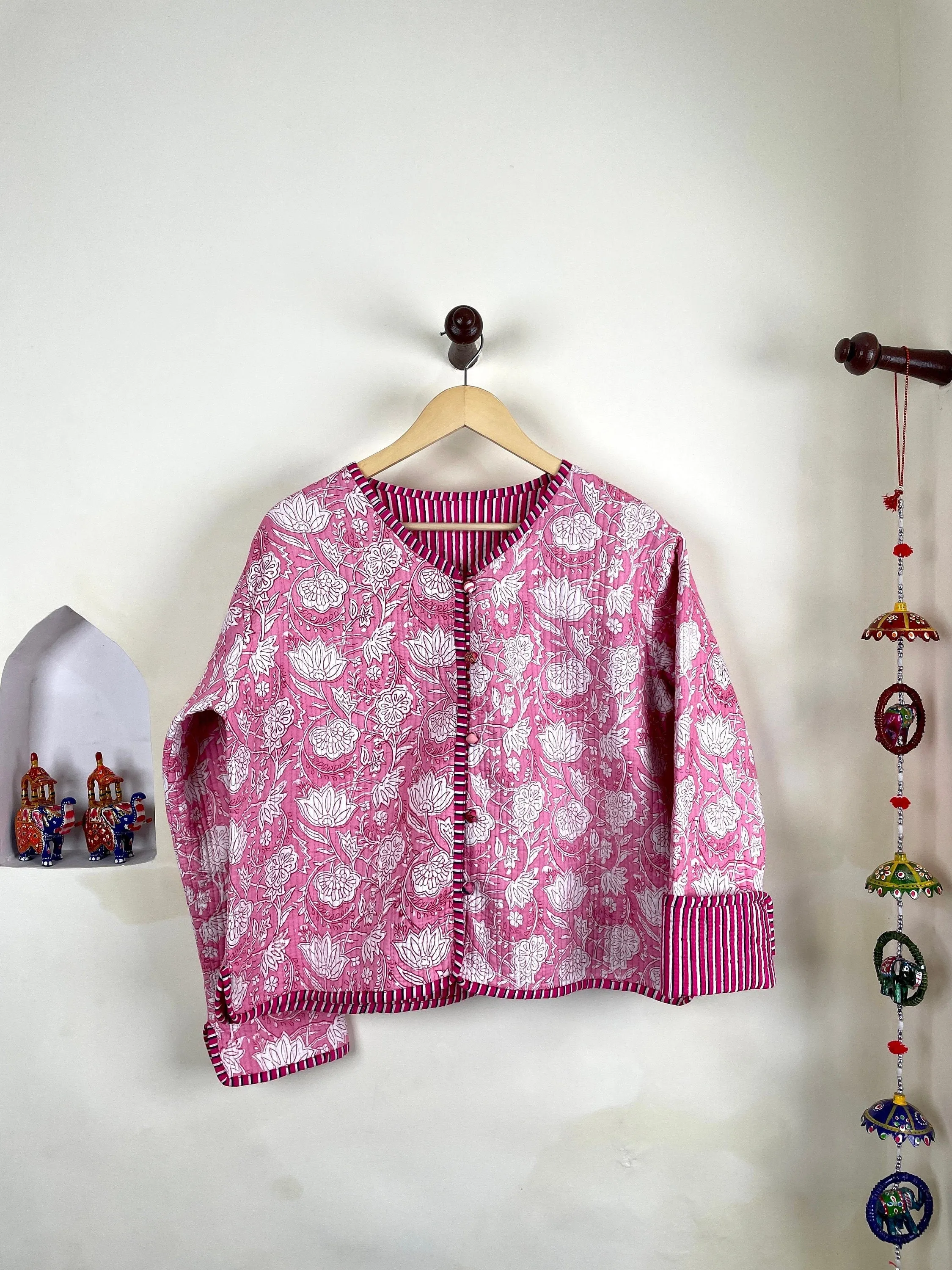 HandBlock Printed Quilted Cotton Jackets | Pink & White Floral Women's Coat | Reversible Bohemian Style Indian Handmade Quilted Jackets