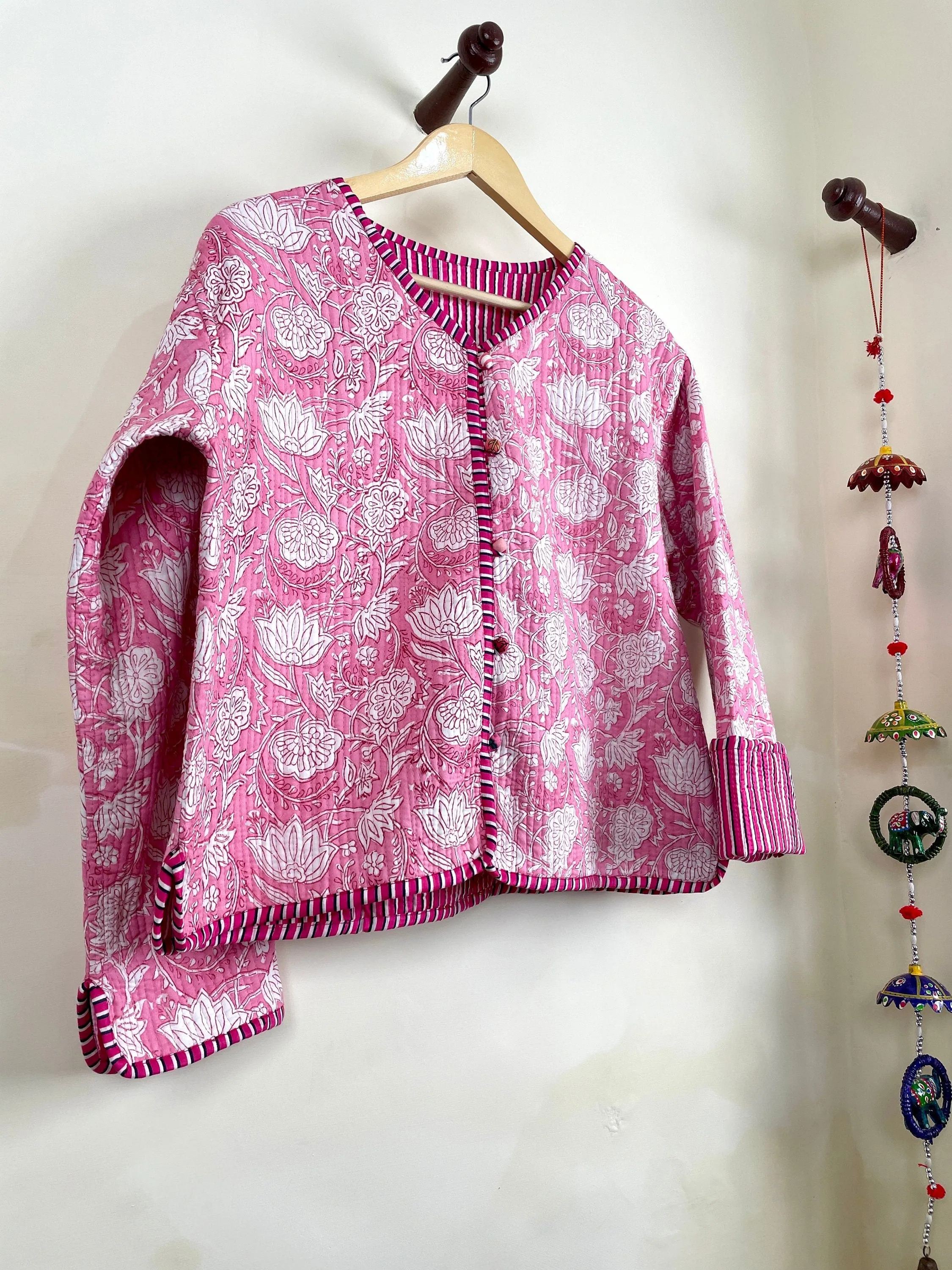 HandBlock Printed Quilted Cotton Jackets | Pink & White Floral Women's Coat | Reversible Bohemian Style Indian Handmade Quilted Jackets