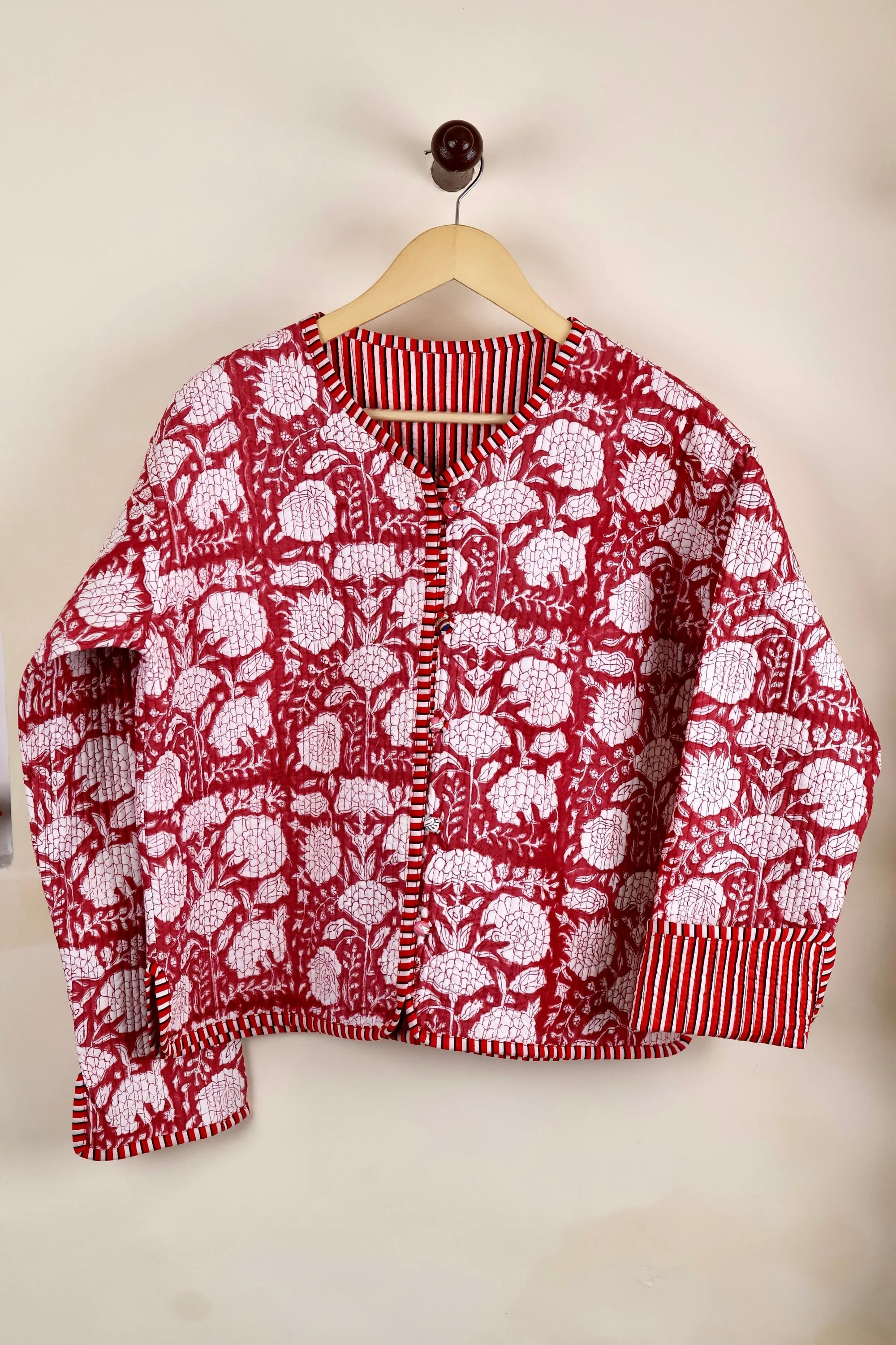 HandBlock Printed Quilted Cotton Jackets | White & Red Floral Women's Coat | Reversible Bohemian Style Indian Handmade Quilted Jackets