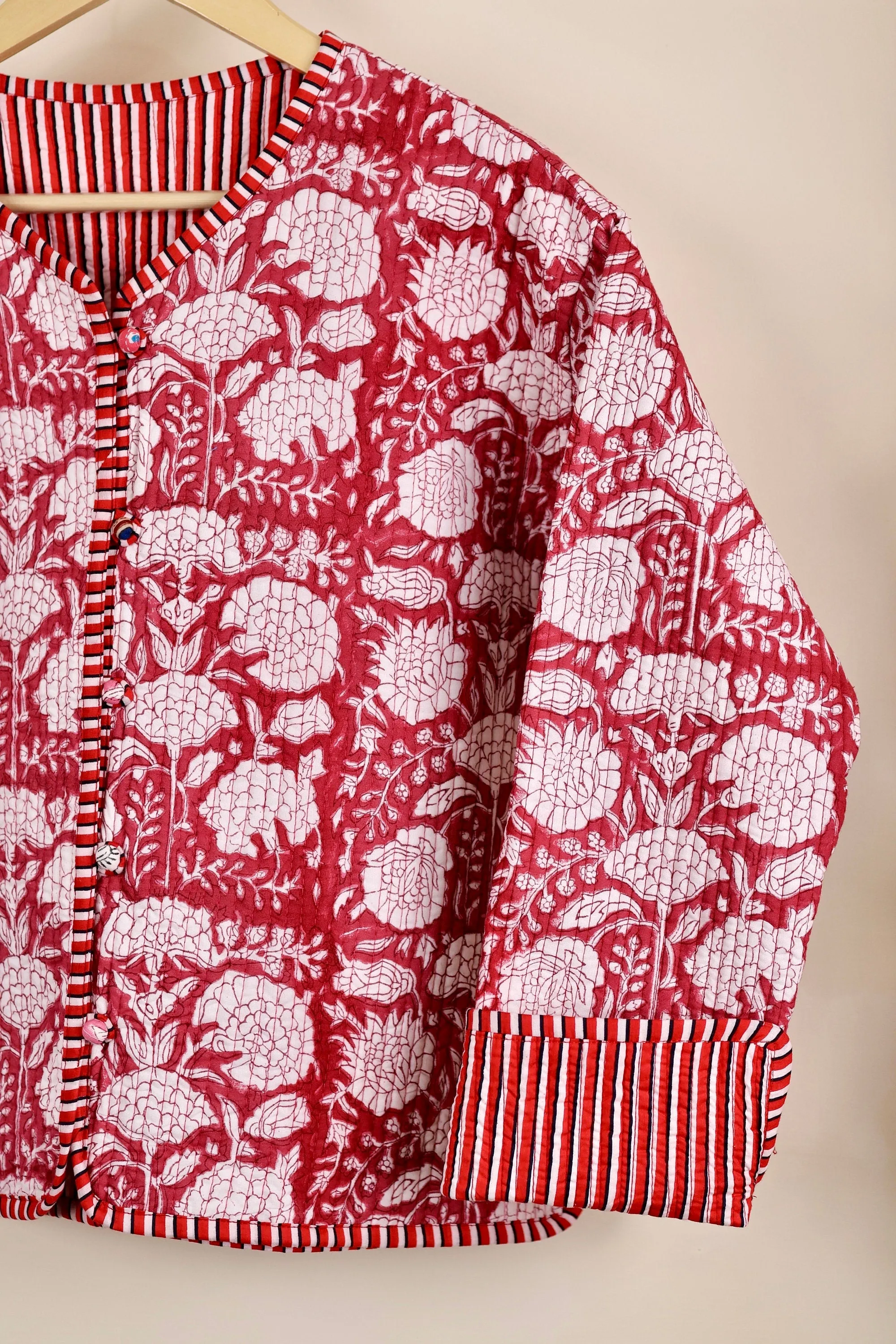 HandBlock Printed Quilted Cotton Jackets | White & Red Floral Women's Coat | Reversible Bohemian Style Indian Handmade Quilted Jackets