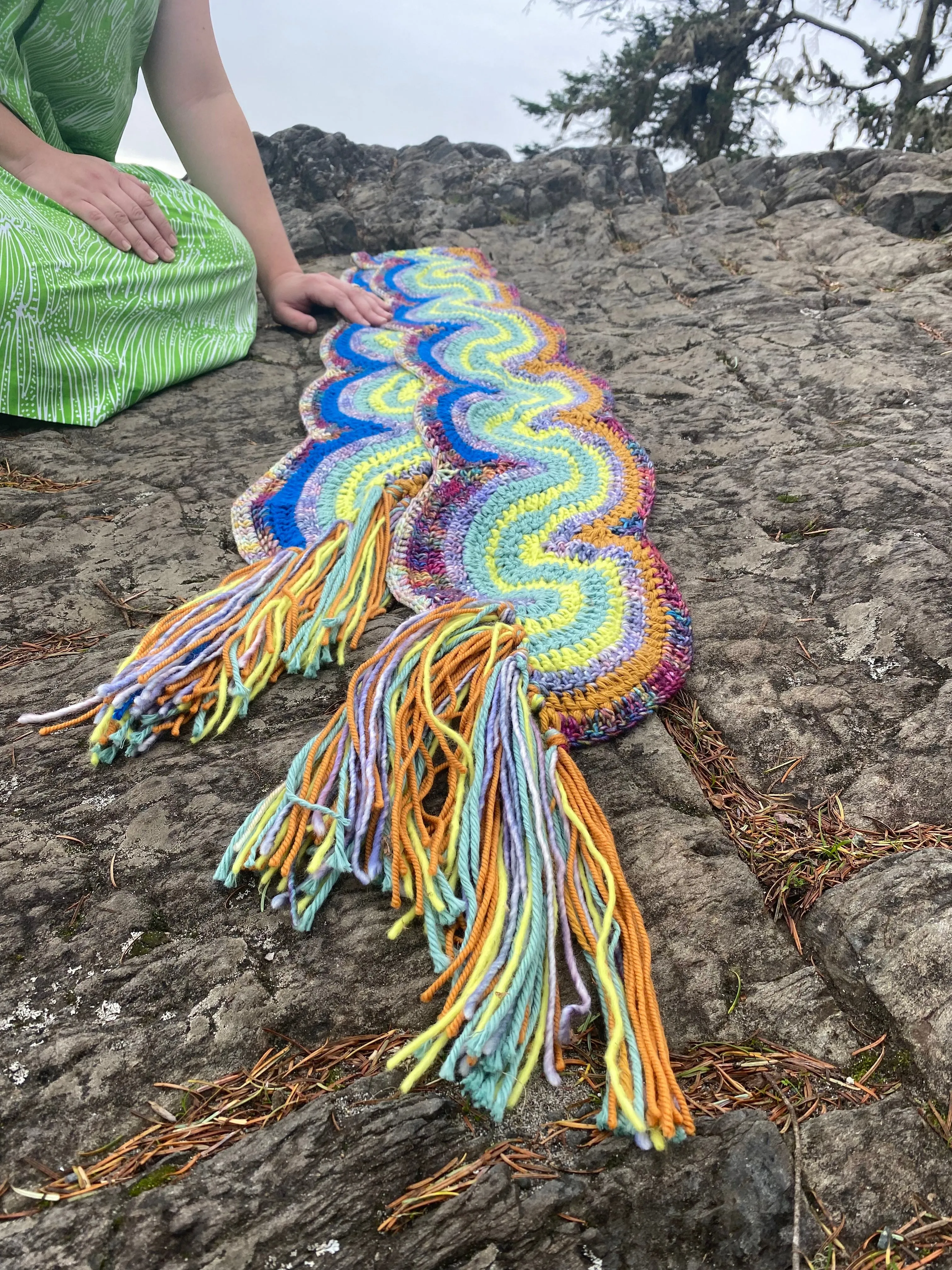 Handmade Lobster Claw Squiggle Scarf: Shades of Green, Burgundy, Cobalt, Deep Goldenrod