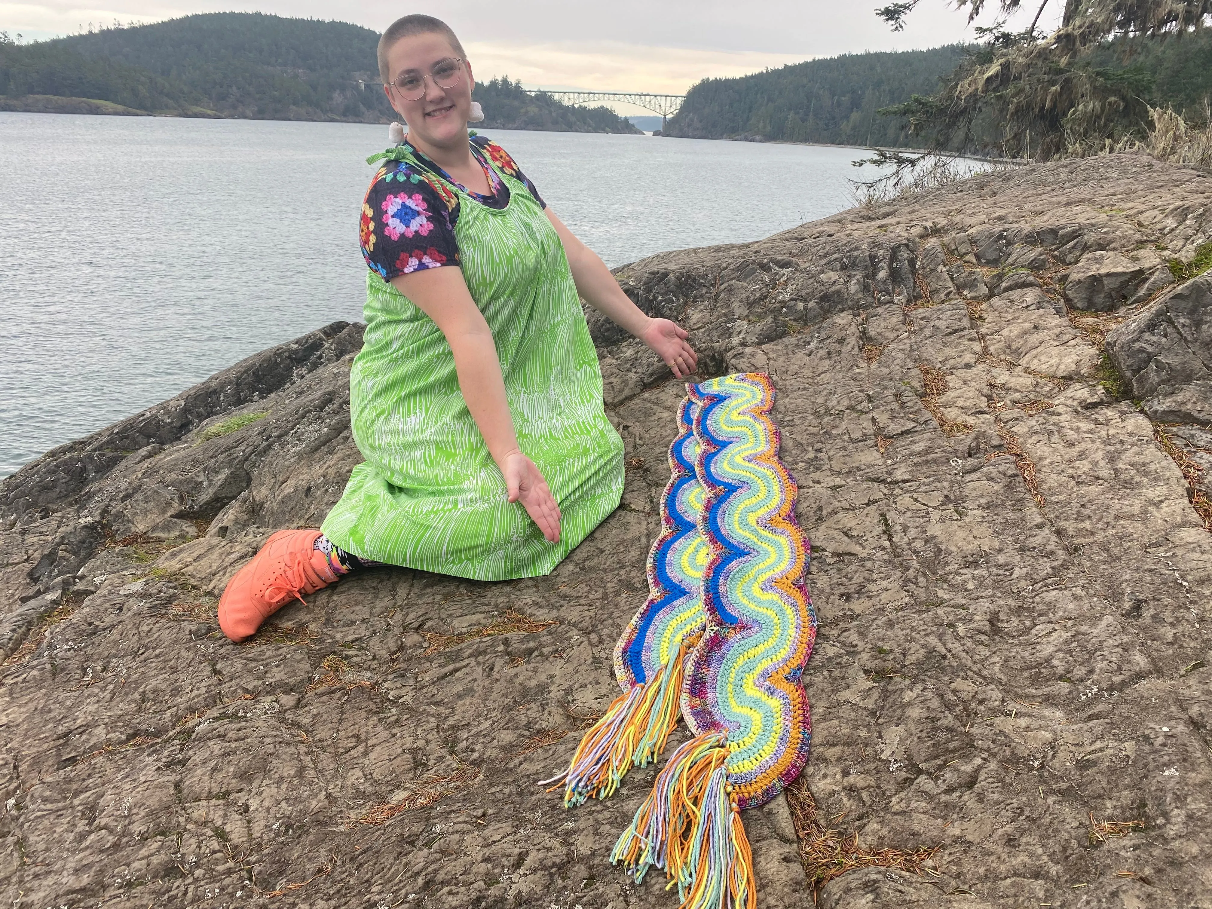 Handmade Lobster Claw Squiggle Scarf: Shades of Green, Burgundy, Cobalt, Deep Goldenrod