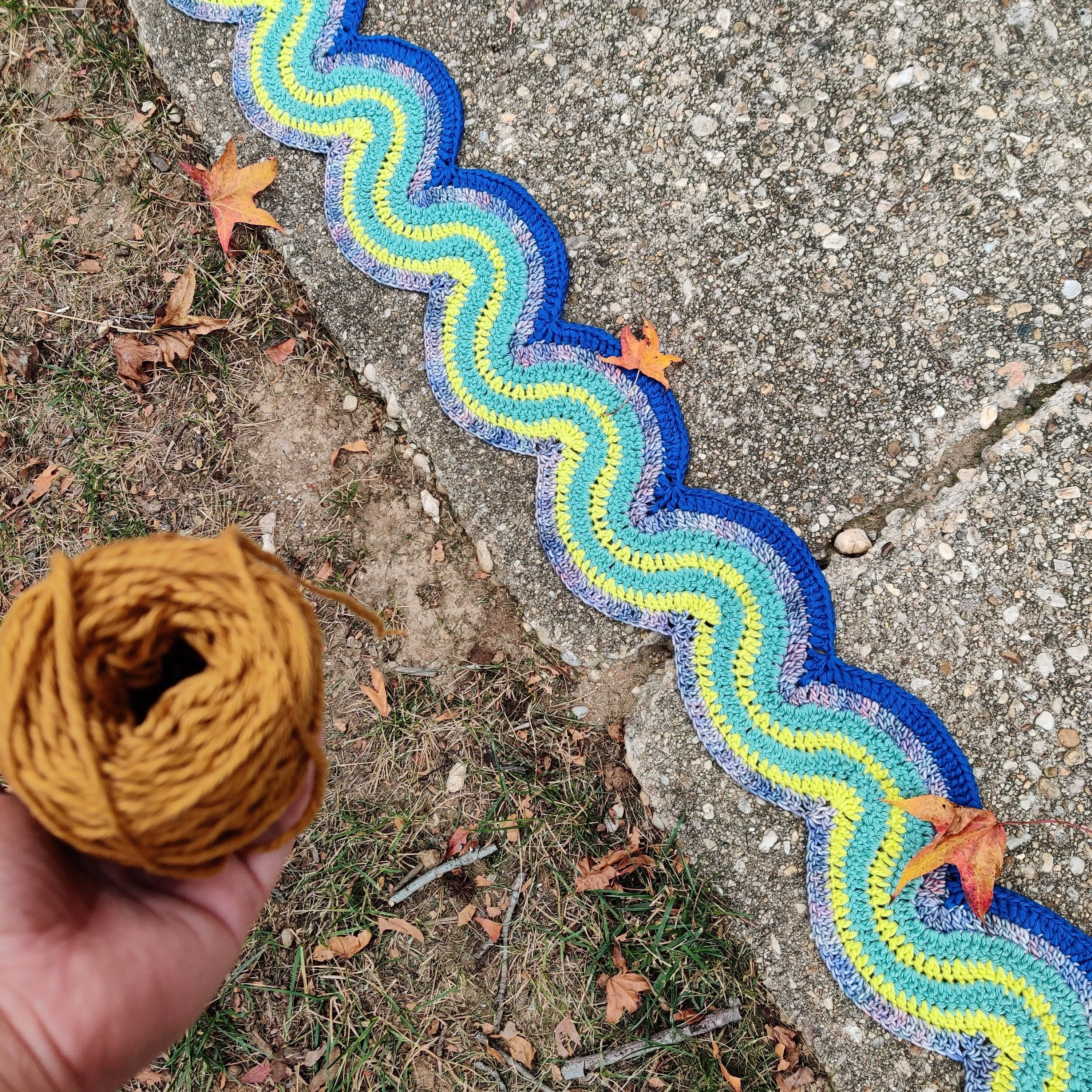 Handmade Lobster Claw Squiggle Scarf: Shades of Green, Burgundy, Cobalt, Deep Goldenrod