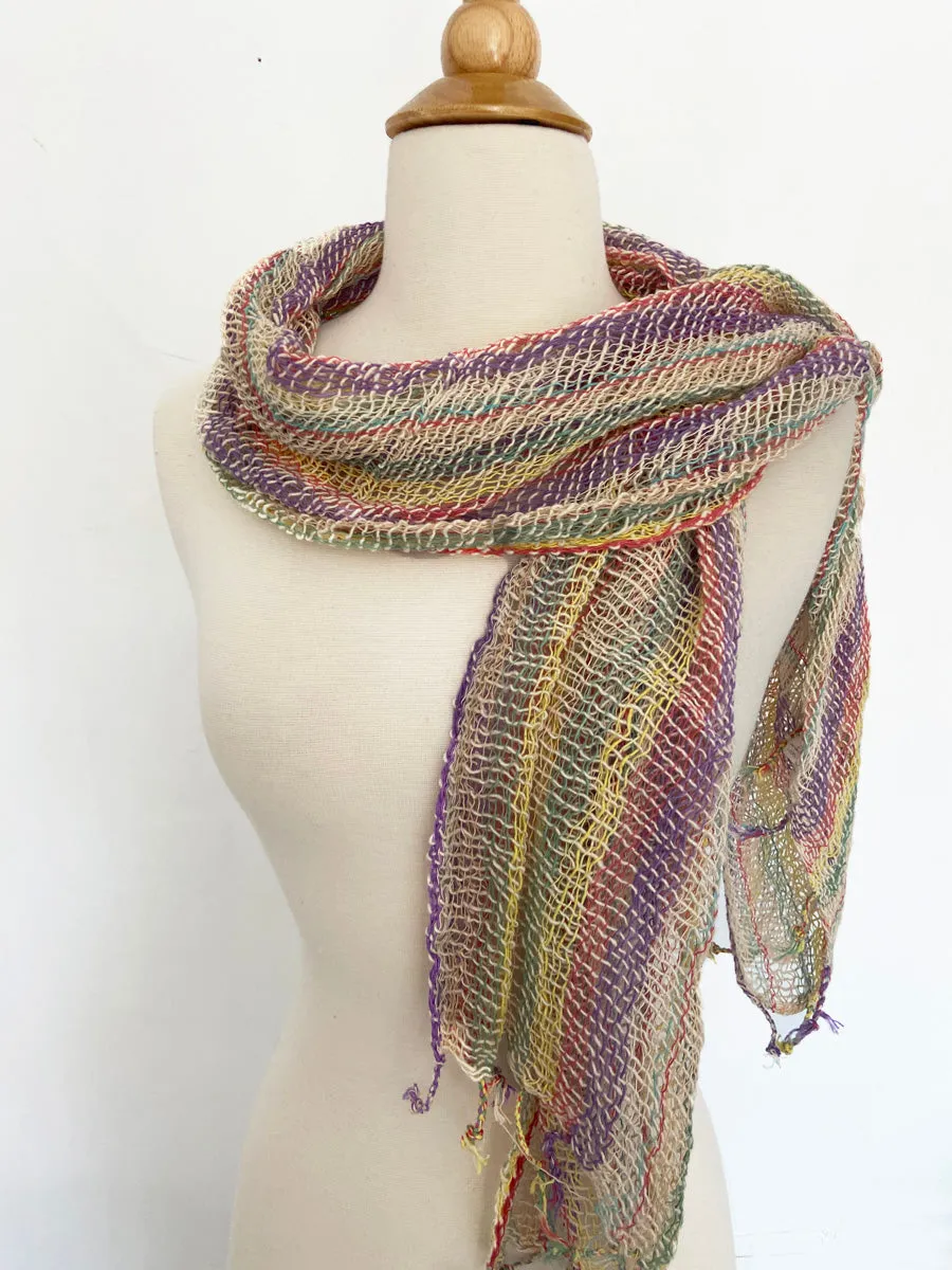 Handwoven Open Weave Cotton Scarf - Multi  Purple, Cream, Salmon,Yellow