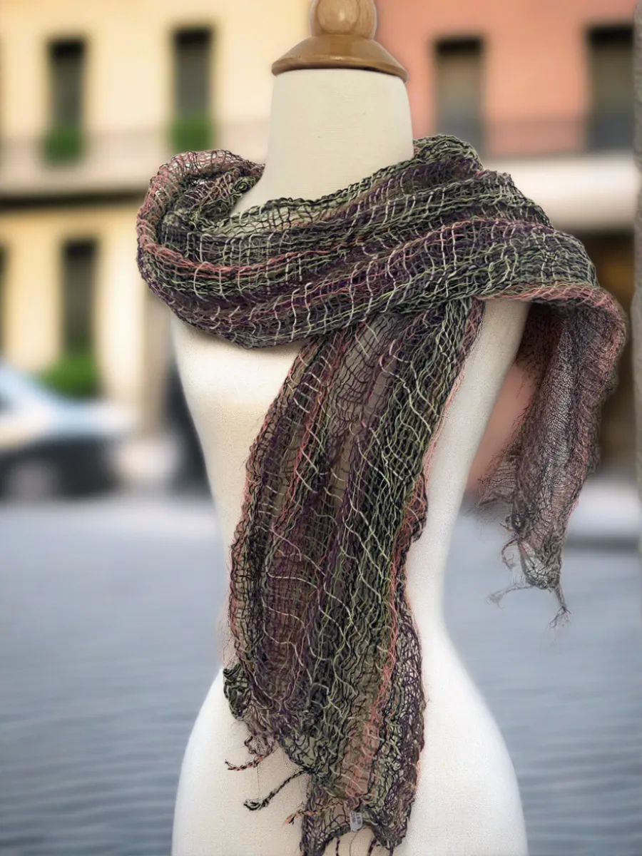 Handwoven Open Weave Cotton Scarf - Plum Green Multi