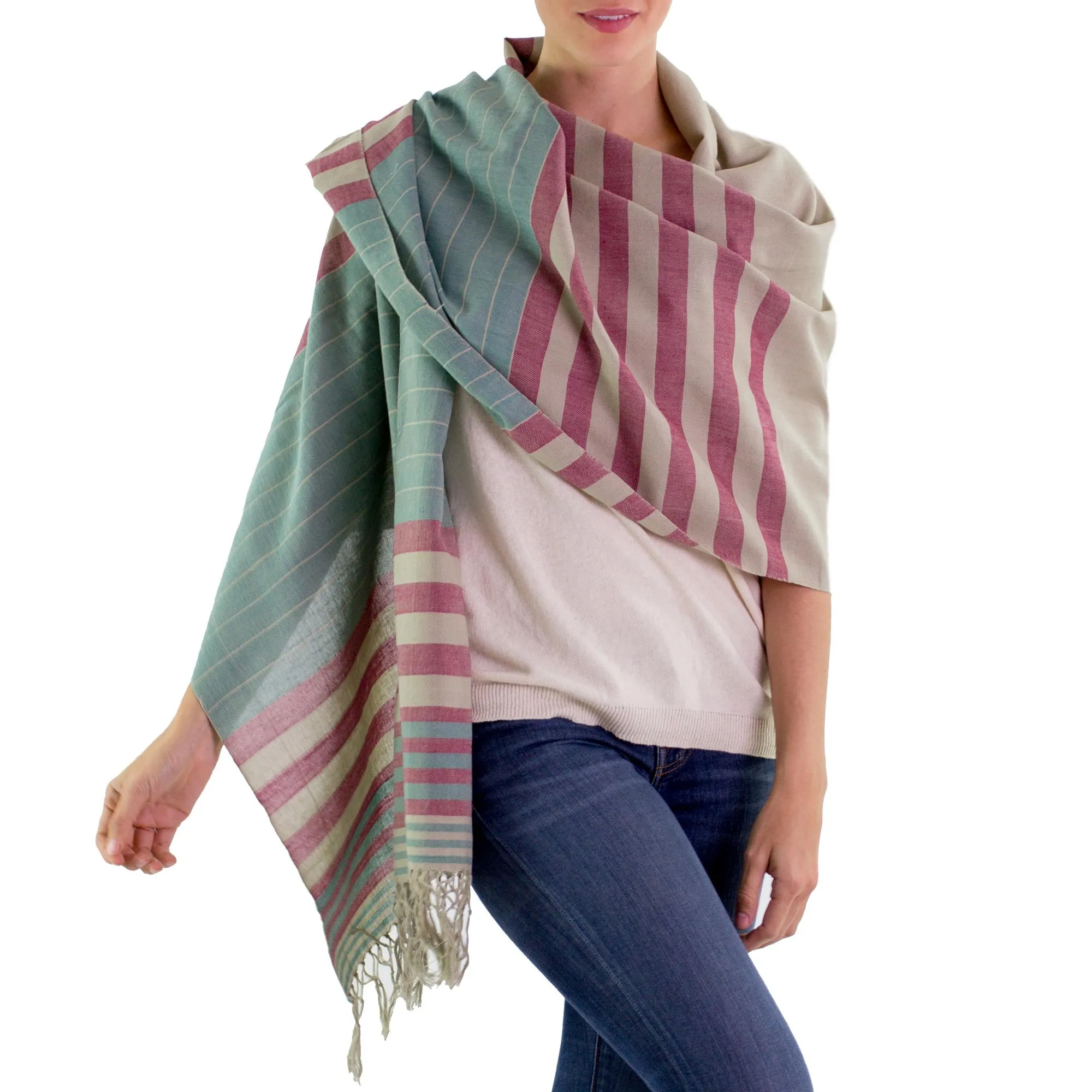 Handwoven Striped Cotton Shawl - Maroon Comalapa Breeze | NOVICA