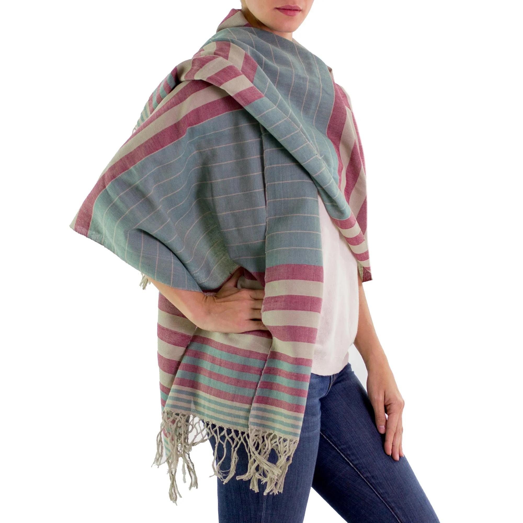 Handwoven Striped Cotton Shawl - Maroon Comalapa Breeze | NOVICA