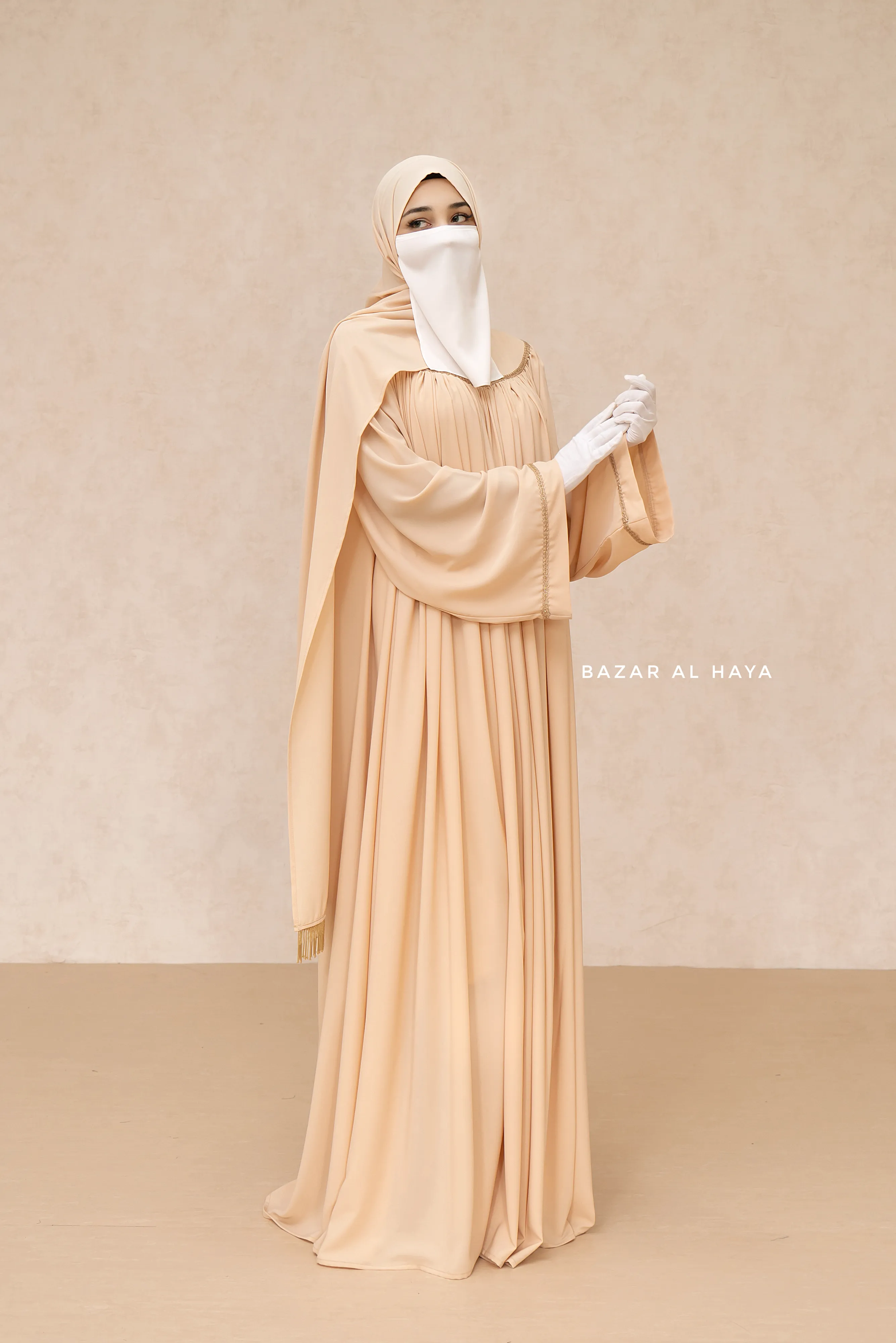 Haniya Beige Abaya Gown - Elegently Wide With Unique Decor - 3 Piece