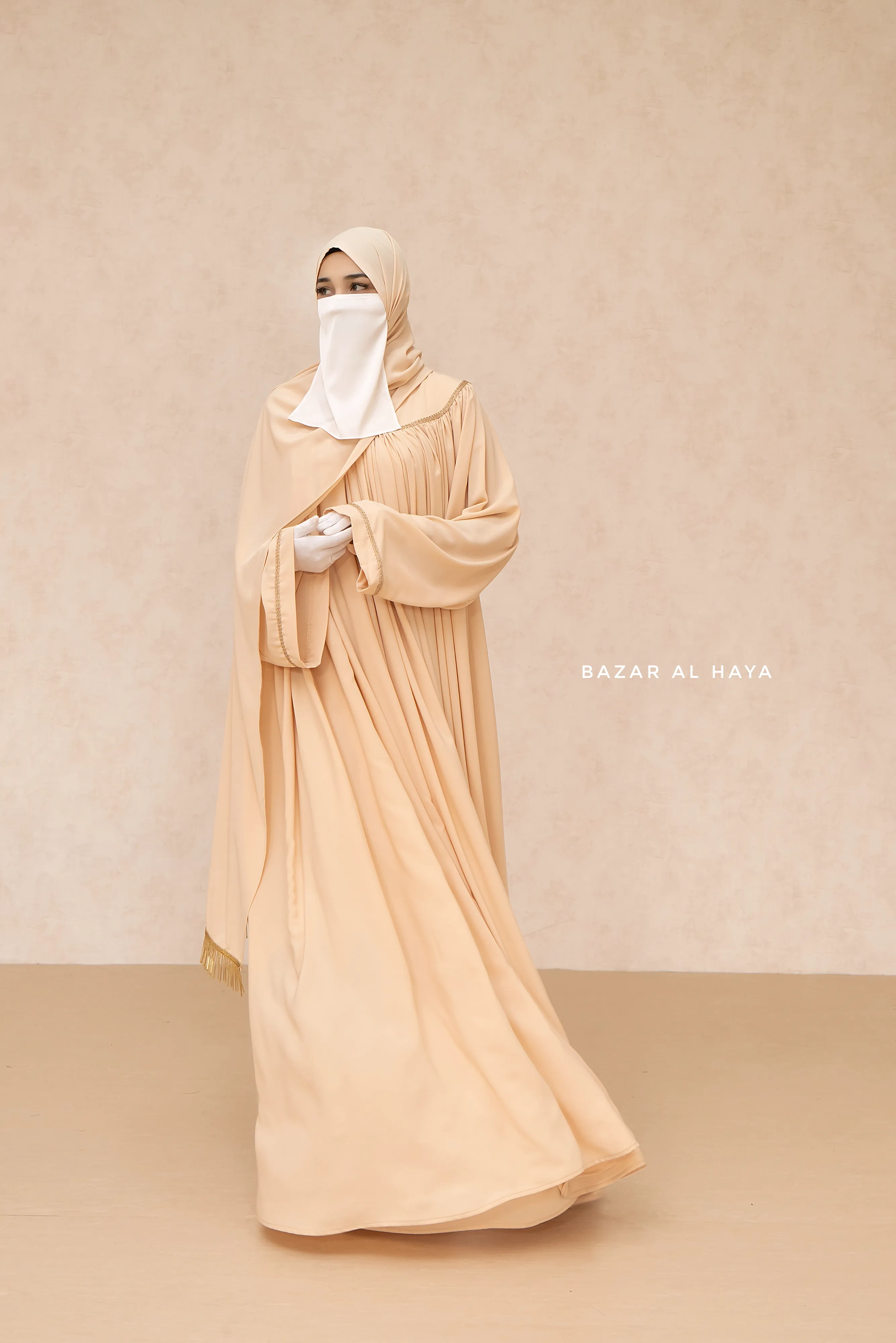 Haniya Beige Abaya Gown - Elegently Wide With Unique Decor - 3 Piece