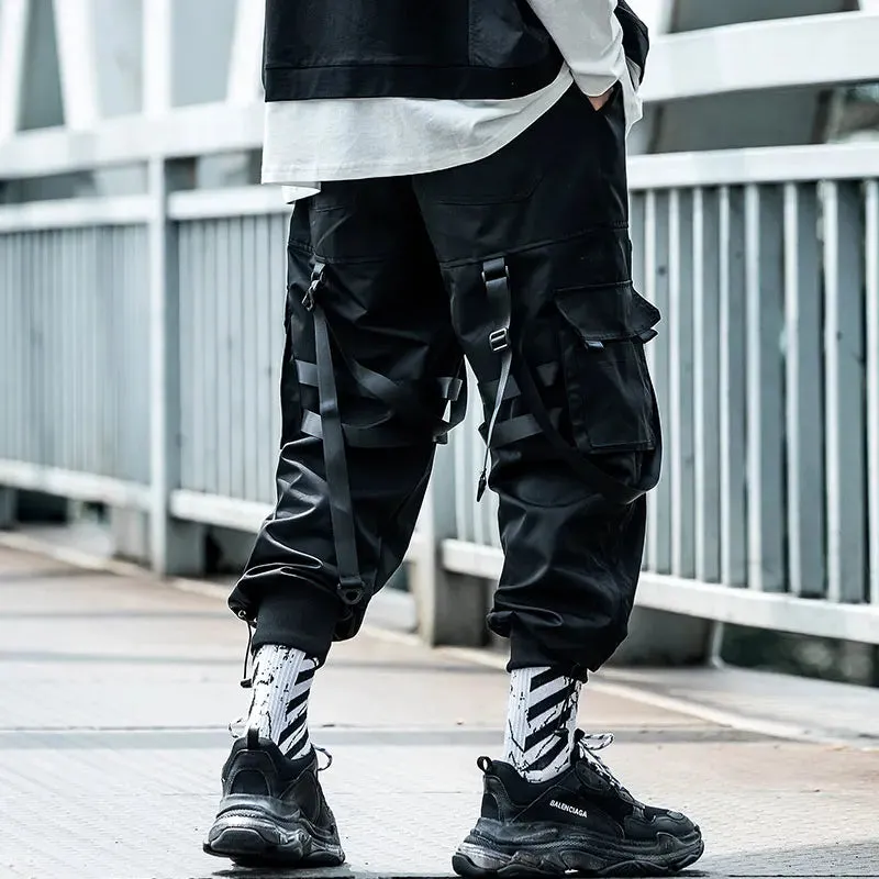 Harajuku jogger Hip hop Ribbon paratrooper Men's clothes multi-pocket loose cargo pants tide foot overalls tide Street dress