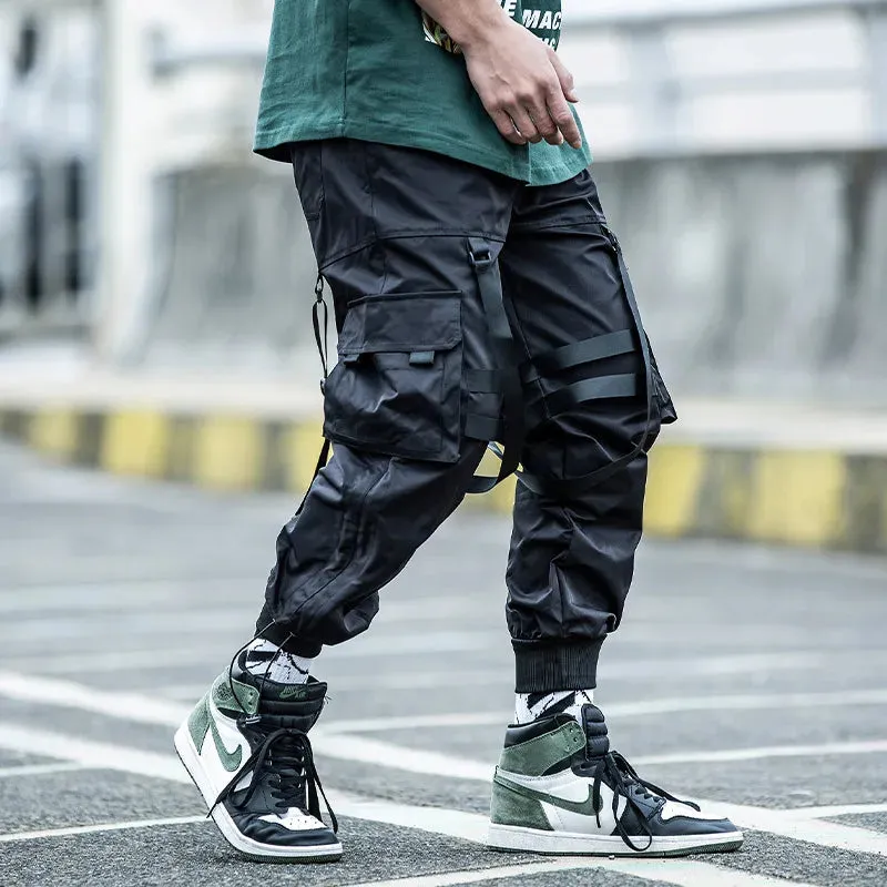 Harajuku jogger Hip hop Ribbon paratrooper Men's clothes multi-pocket loose cargo pants tide foot overalls tide Street dress