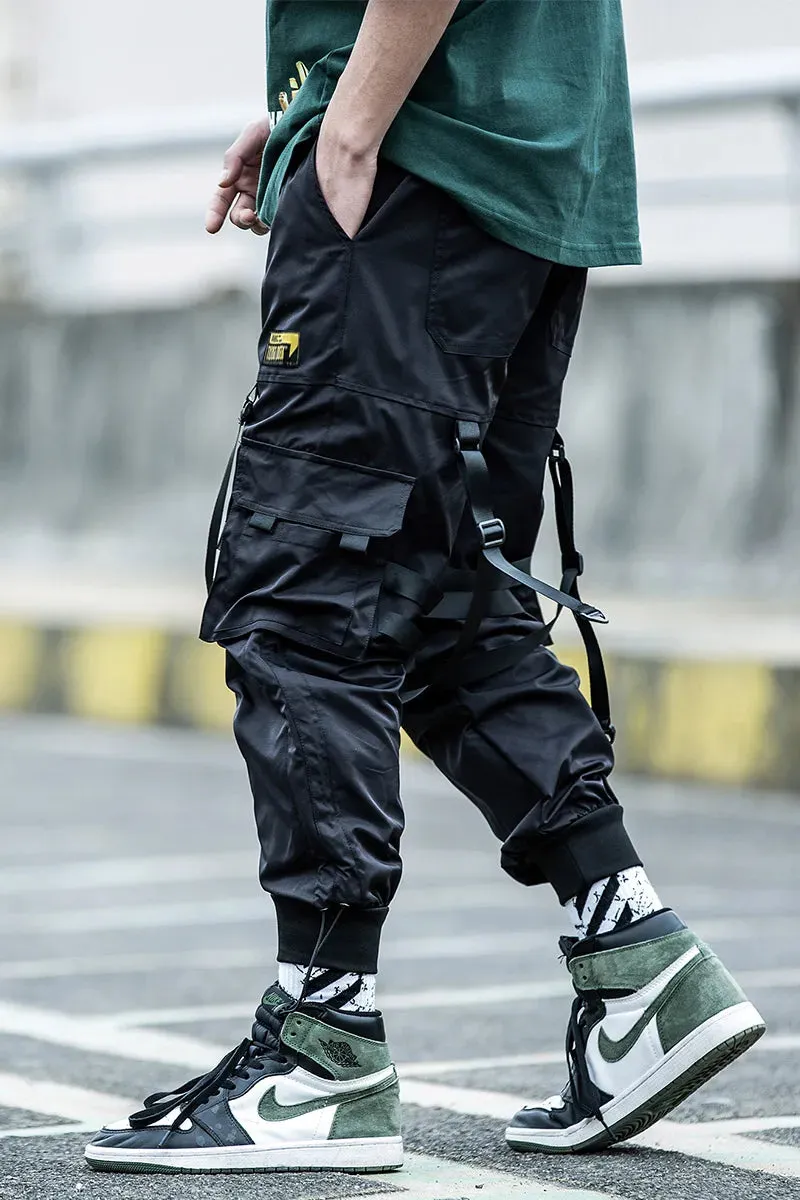 Harajuku jogger Hip hop Ribbon paratrooper Men's clothes multi-pocket loose cargo pants tide foot overalls tide Street dress