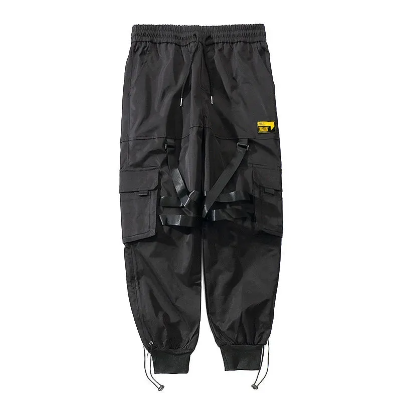 Harajuku jogger Hip hop Ribbon paratrooper Men's clothes multi-pocket loose cargo pants tide foot overalls tide Street dress