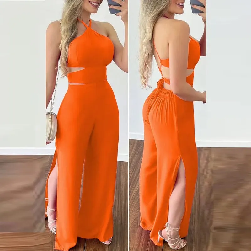 Hollowed Out Halter Neck Slim Fit Open Back Jumpsuit (Orange/Rose Red)