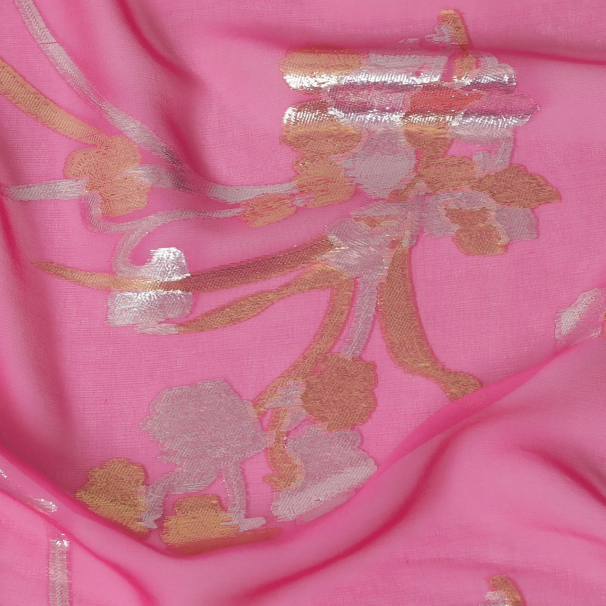 Hot pink Premium pure silk chiffon fabric with gold and silver metallic lurex in floral design-D16443