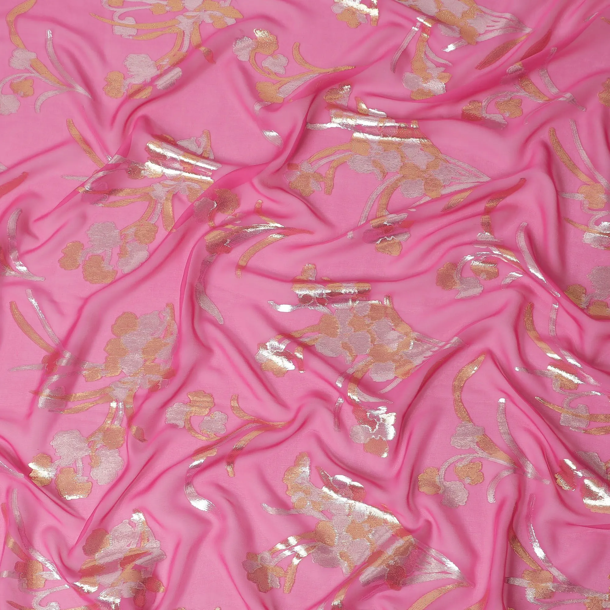 Hot pink Premium pure silk chiffon fabric with gold and silver metallic lurex in floral design-D16443