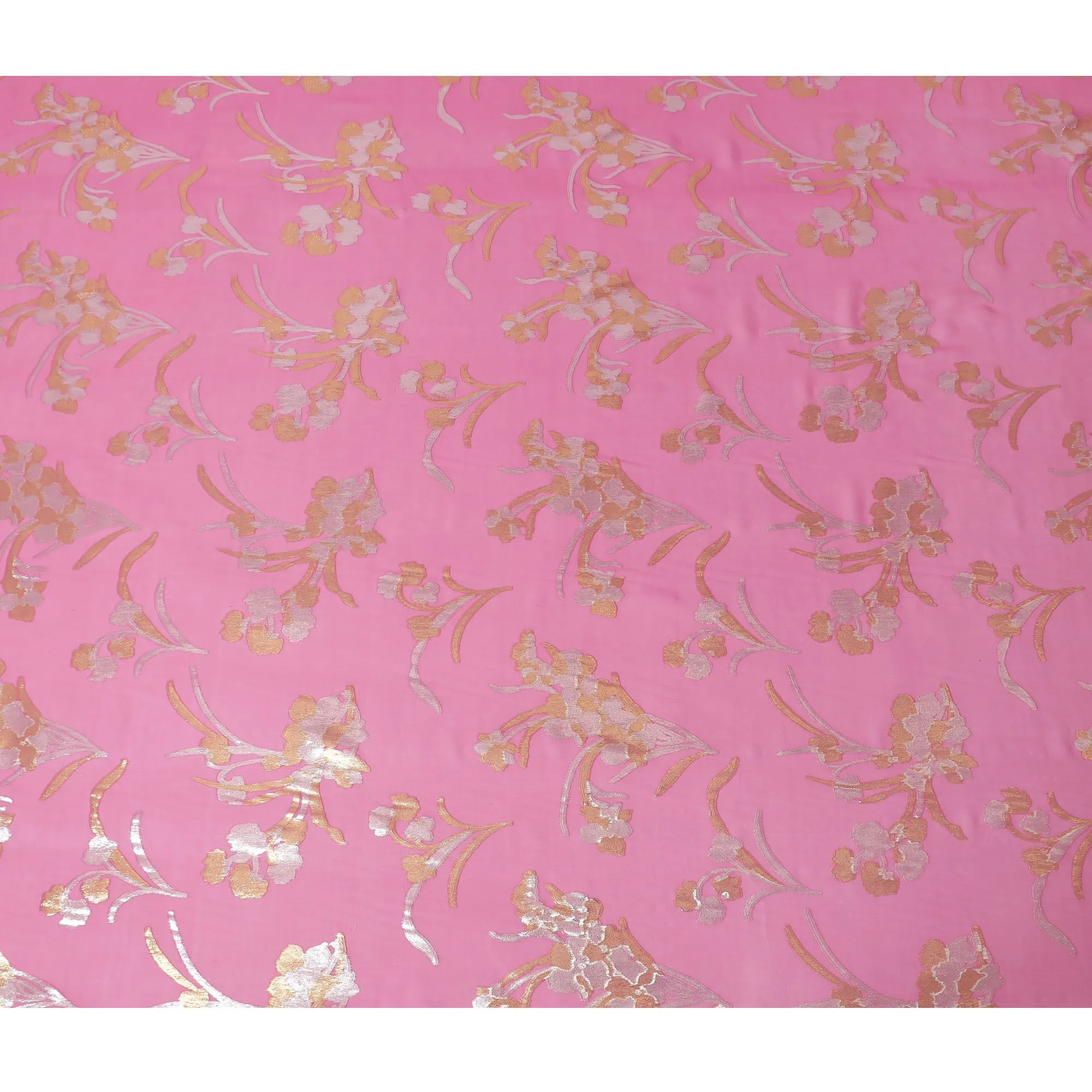 Hot pink Premium pure silk chiffon fabric with gold and silver metallic lurex in floral design-D16443