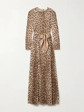 Illustration belted leopard-print chiffon maxi dress